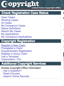 Click "Register A New Claim" under Copyright Registration | Intellectual Property HQ
