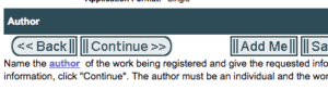 When copyrighting a book, click "Add Me" to make adding the author information easier.